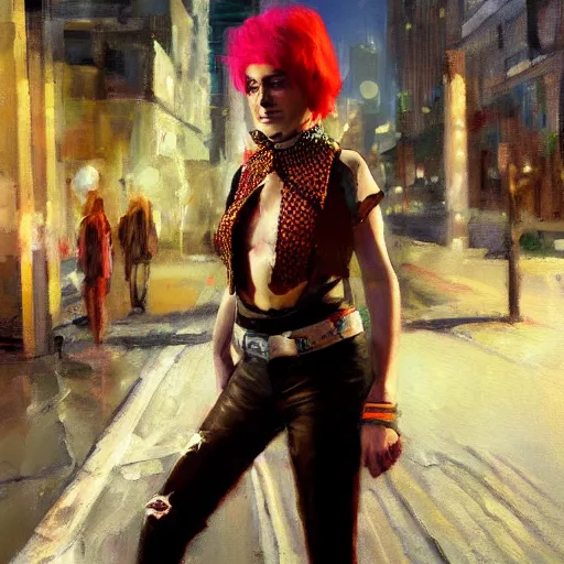 Image similar to oil painting of punk woman wearing large belt collar around neck, standing in city area, 4 k, artstation