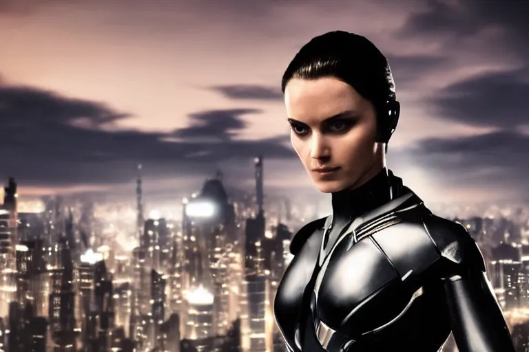 Image similar to VFX movie closeup portrait of a gorgeous futuristic robot woman in black spandex armor in future city, hero pose, beautiful skin, city night lighting by Emmanuel Lubezki