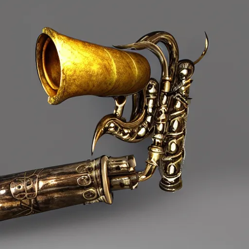 Image similar to a 3 d render of a medieval blowing horn, winding horn, animal horn, higly detailed, mystic, artwork