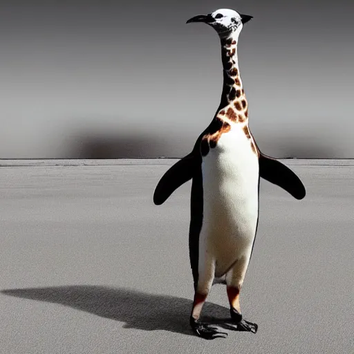 Image similar to a real photograph a hybrid mix between a penguin body, a giraffe neck, hyper detailed, photomanipulation, photoshop, unreal