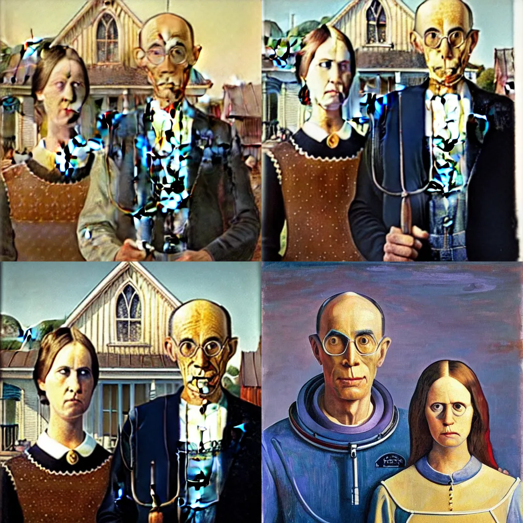 Prompt: a painting by Grant Wood of an astronaut couple, american gothic style