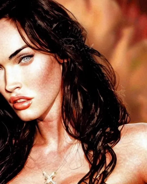 Prompt: megan fox as a hot Greek goddess in the sky, highly detailed, detailed face, beautiful face