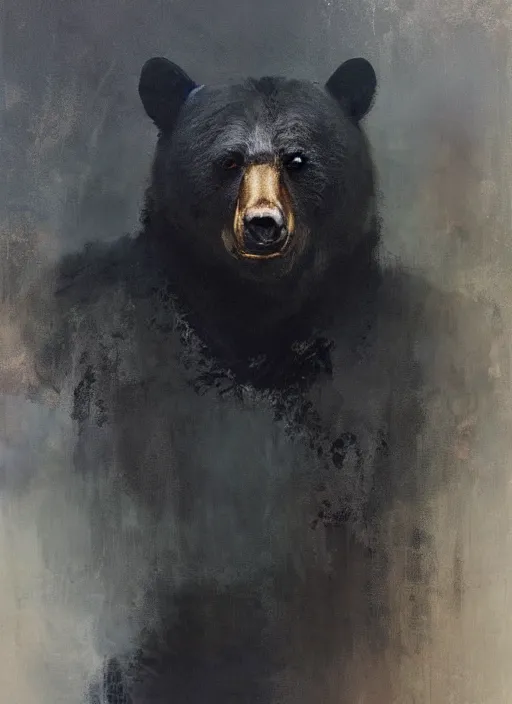 Image similar to portrait painting of anthropomorphic black bear samurai by jeremy mann, only one head single portrait