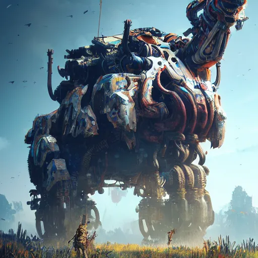 Image similar to machine beast, by Ismail Inceoglu, horizon zero dawn, mechanical, detailed, complex, brushstrokes, monster, creature, illustration, concept art, 4K