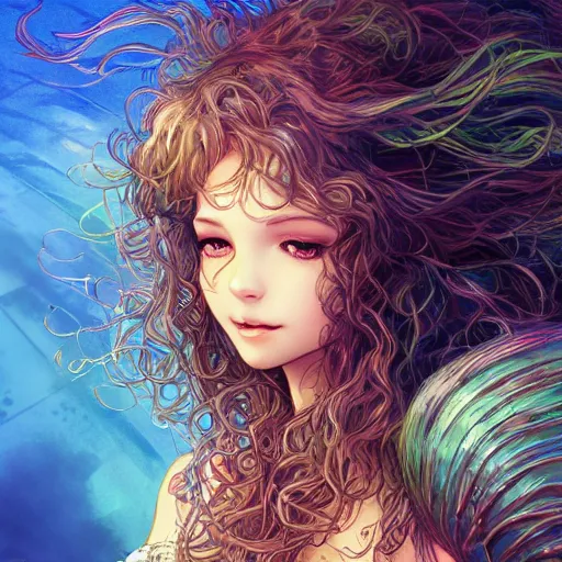 Prompt: character portrait of the mermaid Princess of Atlantis, color page, 4K, tone mapping, Akihiko Yoshida, James_Jean_Andrei_Riabovitchev_Marc_Simonetti, Yoshitaka Amano, digital illustration, curls