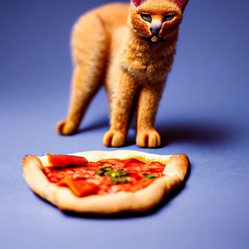 Prompt: a macro photo of cute caracal toy and a slice of pizza, cheese and pepperoni, hyper realistic, hyper detailed, 35mm, very grainy film, volumetric studio lighting, bokeh, black background award winning shot, vogue magazine, cinematic, 8k, very closeup, elegant, tender, pastel