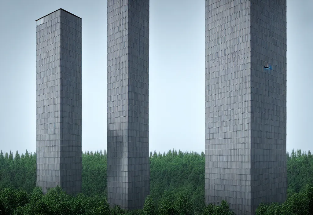 Image similar to a brutalism and constructivism modern concrete and metallic tower apartment building, Tundra forest of Sochi landscapes. Concept art