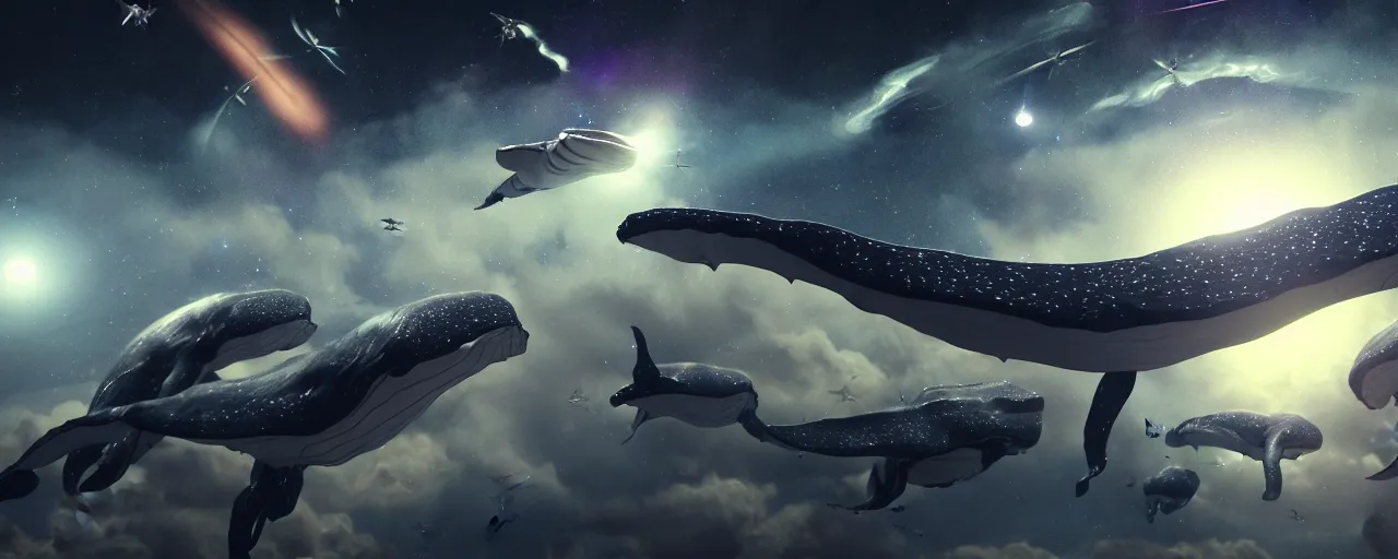 Image similar to highly detailed cinematic scifi render of flying whales over the skies of tuscany, starry night, planets, hyper detailed, digital art, trending in artstation, cinematic lighting, studio quality, smooth render, unreal engine 5 rendered, octane rendered, art style by klimt and nixeu and ian sprigger and wlop and krenz cushart, artstation unreal.