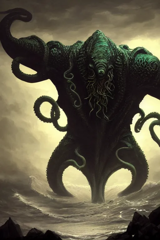 Image similar to cthulhu kaiju, ocean, storm, digital art, magic the gathering, mtg, by greg rutkowski, trending on artstation