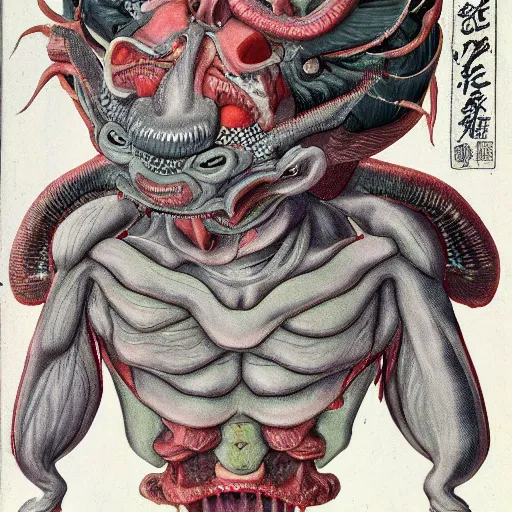 Prompt: japanese demon with deconstructed organs, face, bust, anatomical description, low pastel coloration, complex lights, highly detailed, 8 k