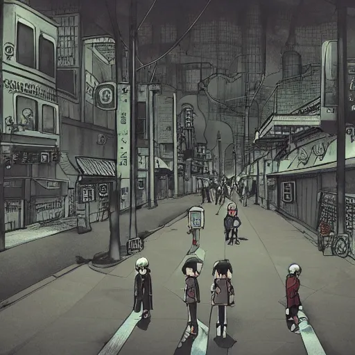 Image similar to dark city bus stop, Miyazaki tekkonkintreet Teikoku Shounen style, amazing Traditional Japanese style, very detailed,ArtStation