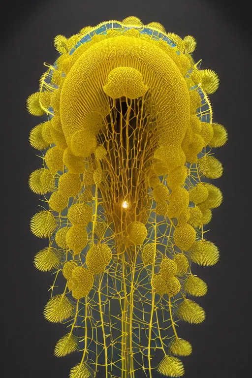 Prompt: intricate hyper detailed ultra sharp 3 d render of a lorde, unity of mood, large pore fungi embroidered, bright light, art nouveau, haute couture alexander mcqueen leaves stems dahlia transparent fractal dandelion yellow pistil filigree roots, octane render, volumetric cinematic lighting, 8 k post - production