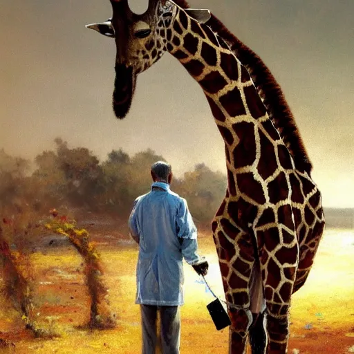 Image similar to portrait of a proud old giraffe doctor working in a chemical lab, artwork by gaston bussiere, craig mullins, trending on artstation, giraffe dressed as a scientist, using googles and wearing a doctor coat