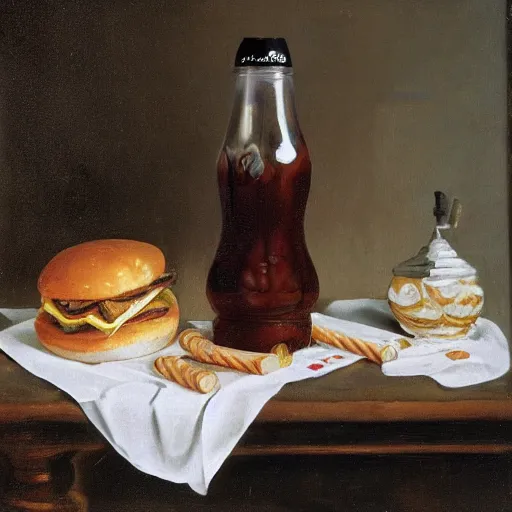 Prompt: McDonalds wrapper on table, milkshake, coca cola bottle, Dutch Still Life of the 1600s, oil painting
