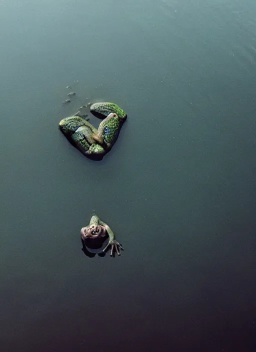 Image similar to semitranslucent smiling frog amphibian floating upside down over misty lake in Jesus Christ pose, cinematic shot by Andrei Tarkovsky, paranormal, spiritual, mystical