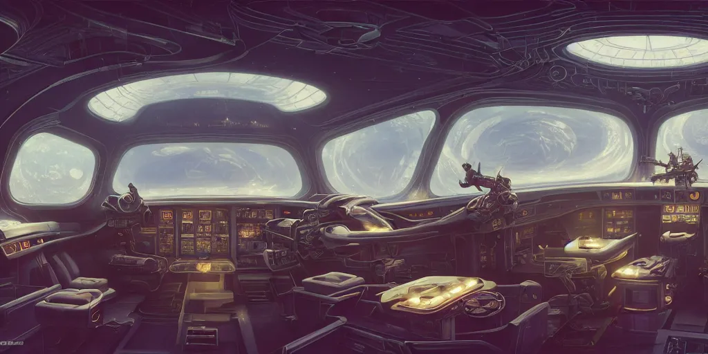 Image similar to highly detailed interior of a retro spaceship with large windows, stephen bliss, unreal engine, greg rutkowski, ilya kuvshinov, ross draws, hyung tae and frank frazetta, tom bagshaw, tom whalen, nicoletta ceccoli, mark ryden, earl norem, global illumination, god rays, detailed and intricate environment