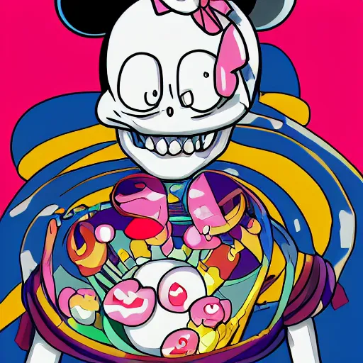 Image similar to anime manga skull portrait girl face mickey mouse marge simpson detailed highres 4k Singer Sargent and James Jean pop art nouveau