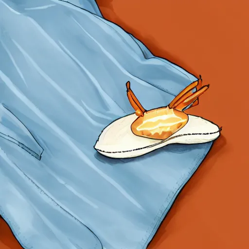 Image similar to crab holding a napkin in its claw, a nightgown and slippers lying on the ground next to it, digital art