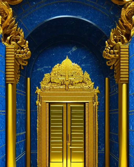 Image similar to scientifically realistic render scifi golden entrance to royal ancient temple carved out of marble skeleton and blue gems rendered in octane