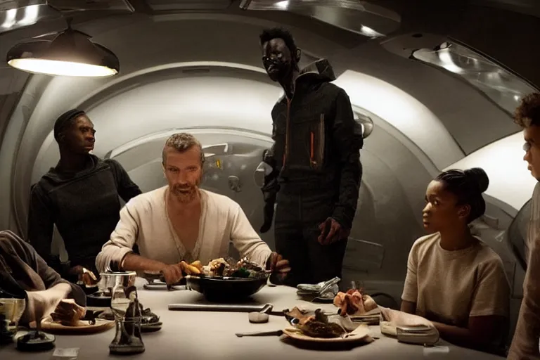 Image similar to movie closeup diverse interracial small team of European sci-fi futuristic space explorers talking at the table in a spaceship kitchen, beautiful skin, Symmetrical faces. Beautiful lighting by Emmanuel Lubezki