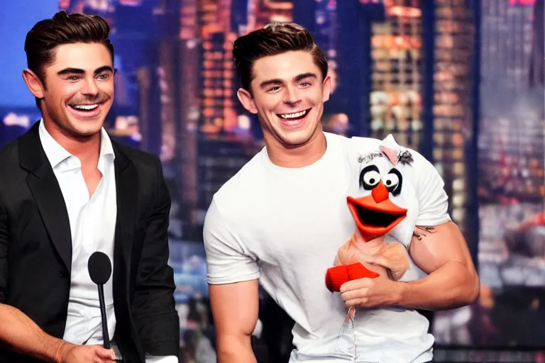 Prompt: studio lit zac efron laughing maniacally while holding a ventriloquist puppet of a fearful tom holland