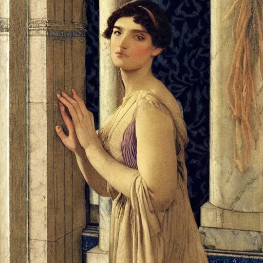 Prompt: a lot of patterns morphing in a beautiful peasant girls face, film still by kubrick, depicted by herbert james draper, arnold bocklin, john willaim godward, sir lawrence alma - tadema. limited color palette, very intricate, highly detailed, minimalist