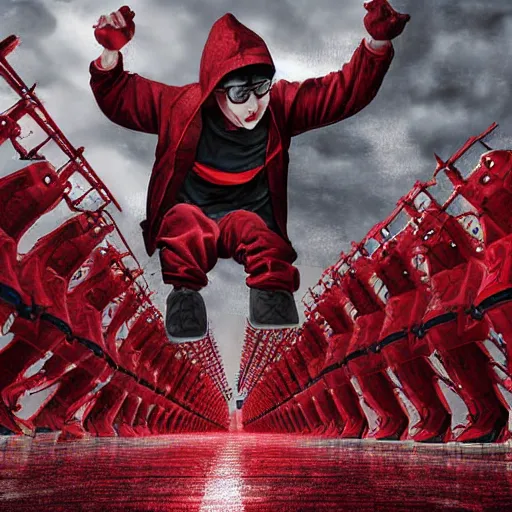 Prompt: man in red hoodie jumping over army of robots, digital art, dynamic, realistic reflections