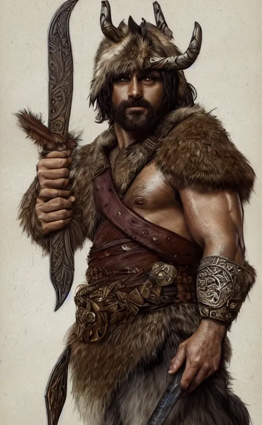 Image similar to full body portrait of a gruff ranger with a spear, wolf pelt on his head, muscular, handsome face, hairy body, D&D, fantasy, intricate, elegant, highly detailed, digital painting, artstation, concept art, matte, sharp focus, illustration, art by Artgerm and Greg Rutkowski and Alphonse Mucha