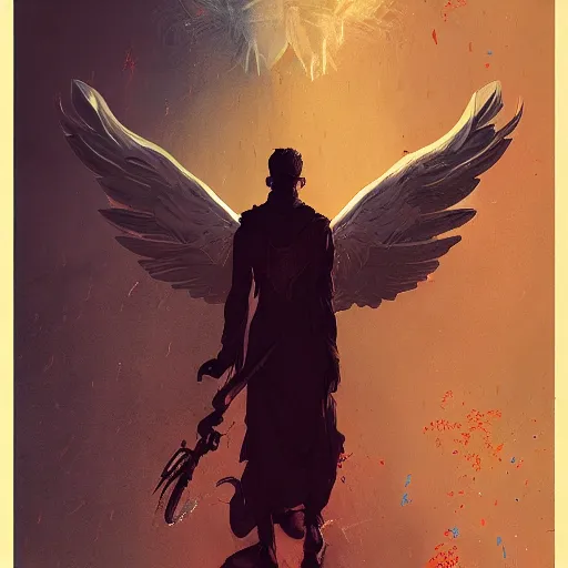 Image similar to angel protecting man, detailed intricate ink illustration, happy atmosphere, detailed illustration, hd, 4k, digital art, overdetailed art, by greg rutkowski, by loish, complementing colors, Trending on artstation, movie poster style