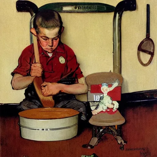 Prompt: A kid hitting pots, art by Norman Rockwell