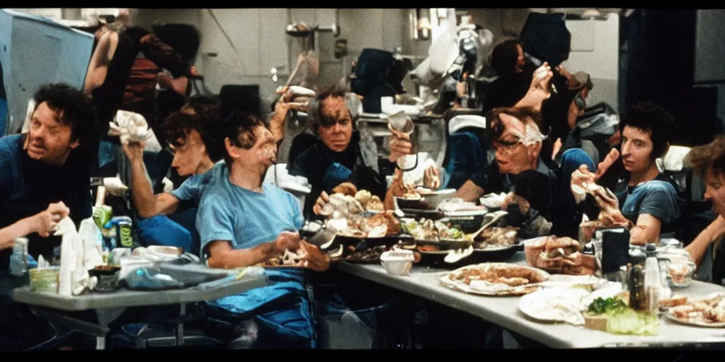 Image similar to color film still, behind the scenes of filming, actors eating lunch. ; alien 2 ( 1 9 8 6 )