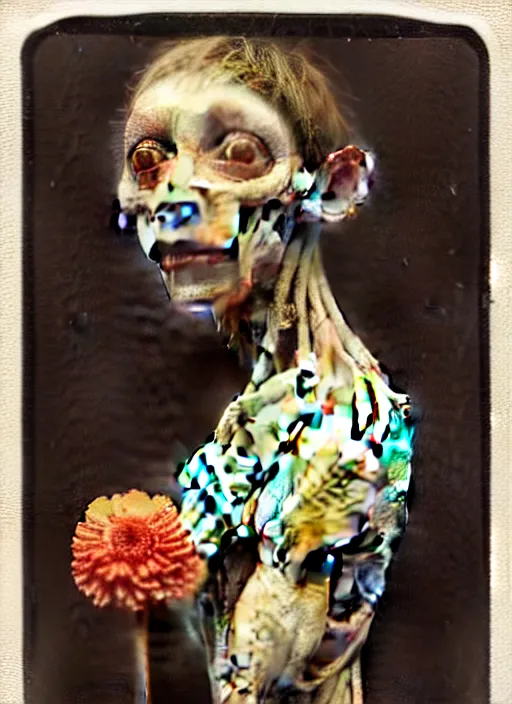 Image similar to beautiful and detailed rotten woman made of plants and carnation, chrysanthemum, tulips, muscles, intricate, organs, ornate, surreal, john constable, guy denning, gustave courbet, caravaggio, romero ressendi 1 9 1 0 polaroid photo