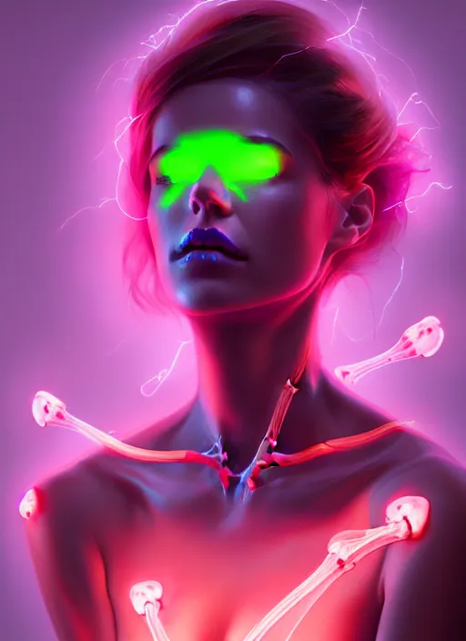 Image similar to portrait female posing sensual figure x - ray, skeletal, glowing veins under translucent skin, highly detailed skin, among neon bed of flowers, windy, stormy sky, bioluminescent, plasma, greg rutkowski, 8 k trending on artstation,