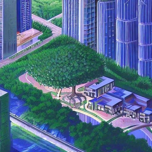 Prompt: City of the future in harmony with nature. Beautiful illustration.