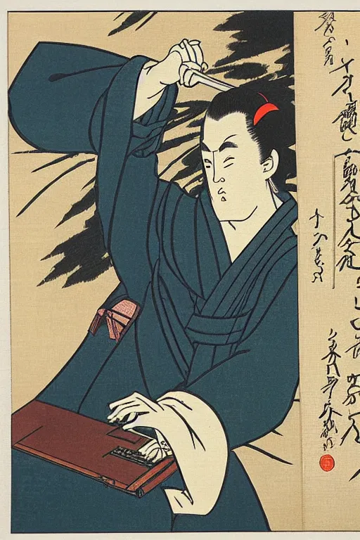 Prompt: Japanese woodblock print of Tatarian IT specialist with a laptop, Hokusai