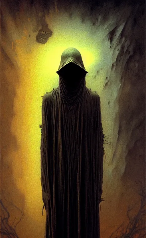 Prompt: a striking full body portrait of a pitch black masked eldritch shaman by moebius and beksinski and artgerm, detailed artwork, realism, 4 k resolution, detailed, high quality, sharp focus, hq artwork, insane detail, volumetric lighting, character concept art, fine details, tarot card, clear subject