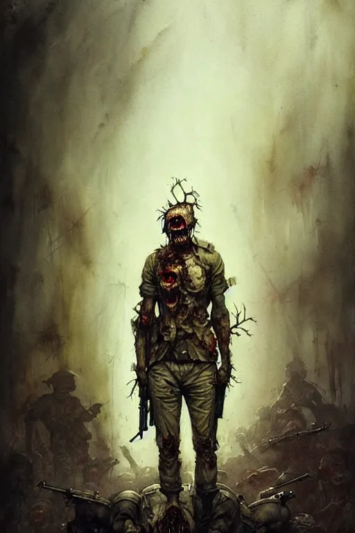 Image similar to zombie soldier | esoteric symbolism | jean - baptiste monge, esao andrews, bastien lecouffe - deharme, tim jacobus, ken currie | ultra - detailed realism, soft cinematic lighting, hi - fructose, artstation, high - quality, ink watercolors wes anderson poster art