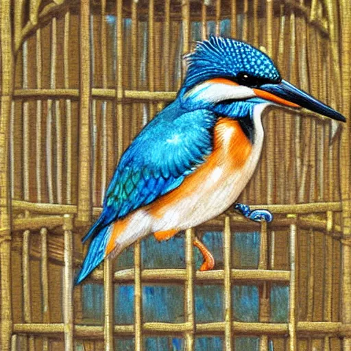 Prompt: kingfisher in a bird cage, realistic, high detail