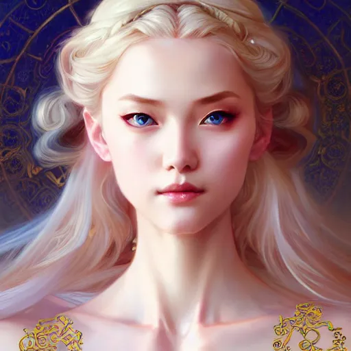 Prompt: elegant Chinese princess, D&D, blue eyes, blonde hair, fantasy, intricate, elegant, highly detailed, digital painting, artstation, concept art, smooth, sharp focus, illustration, art by artgerm and greg rutkowski and alphonse mucha