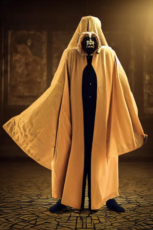 Prompt: man dressed in ceremonial robes resembling a moth, extremely detailed, photo - realistic, 8 k,