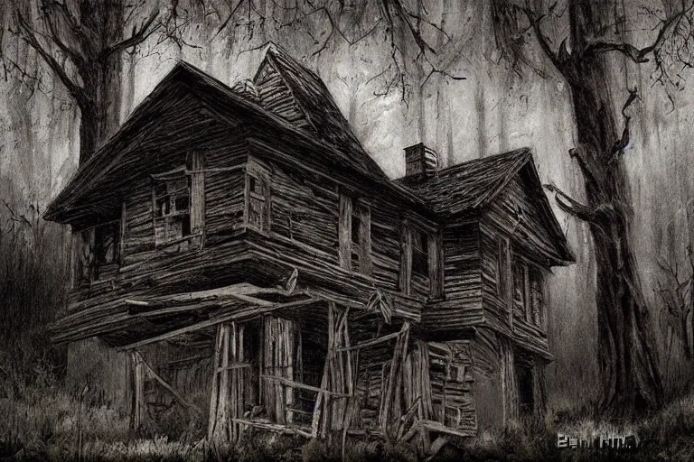 Image similar to mad horror painting of an old wooden house in the woods by ben templesmith