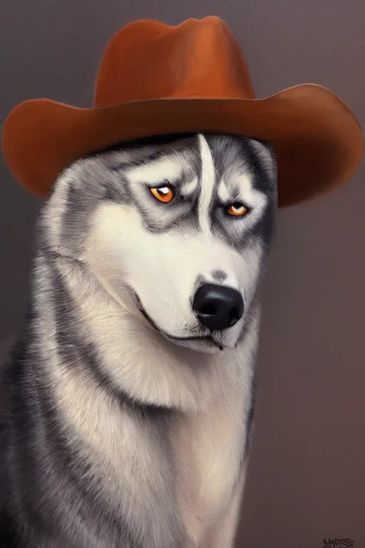 Image similar to a portrait painting of a husky in cowboy costume, wearing a cowboy hat, by studio ghibli, [ western film ], humanoid, personify, anthropomorphic, trending on artstation