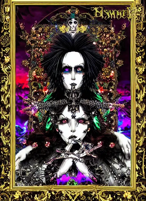 Image similar to baroque bedazzled gothic royalty frames surrounding a pixelsort emo demonic horrorcore japanese Edward Scissorhands, sharpened early computer graphics, remastered chromatic aberration