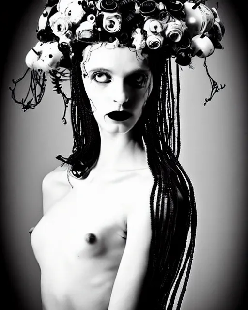 Image similar to dreamy surreal poetic black and white photo of a beautiful young bio-mechanical-female-jellyfish-cyborg-plant-plastic-robot with a very long neck and a super big gothic lace collar and a very high big floral crown with many black dry roses by Vivienne Westwood:: smoke, high fashion, haute couture, rococo, avant-garde, elegant, dreamy, hyper realistic, 150 mm lens, soft rim light, octane render, unreal engine, picture was taken in 1910 by Dora Maar, volumetric lighting, dramatic light,8k,