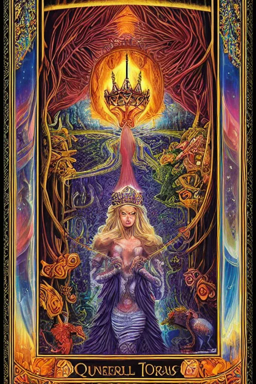 Image similar to beautiful tarot card of the queen of dreams by carol bak and jacek yerka and dan mumford, oil on canvas, intricate border, symmetrical, 8k highly professionally detailed, HDR, CGsociety