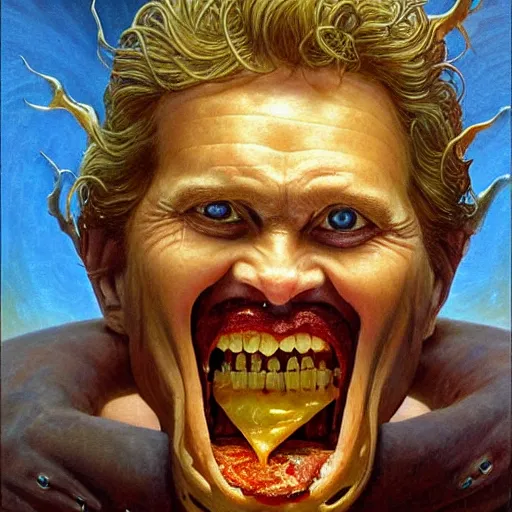 Prompt: portrait of willem dafoe consuming a giant hamburger. biomorphic painting by, karol bak, greg hildebrandt, and mark brooks, hauntingly surreal, gothic, rich deep colors.