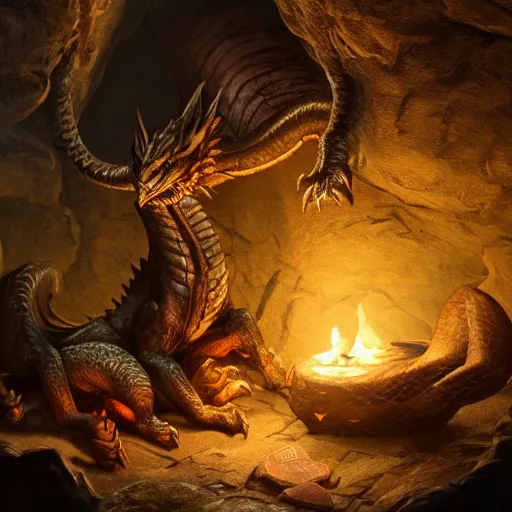 Prompt: a very old sleeping dragon near her loot, in a cave, dark - lit with torches along the walls, with many gold coins, many treasures, piled around, very high detail, 8 k, artstation