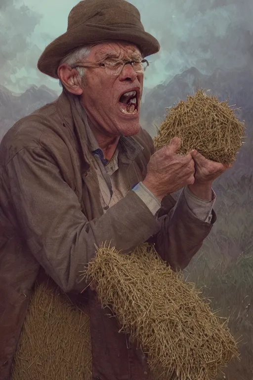 Image similar to an old man yelling at a pile of hay, realistic painting, symmetrical, highly detailed, digital painting, artstation, concept art, smooth, sharp focus, illustration, cinematic lighting, art by artgerm and greg rutkowski and alphonse mucha