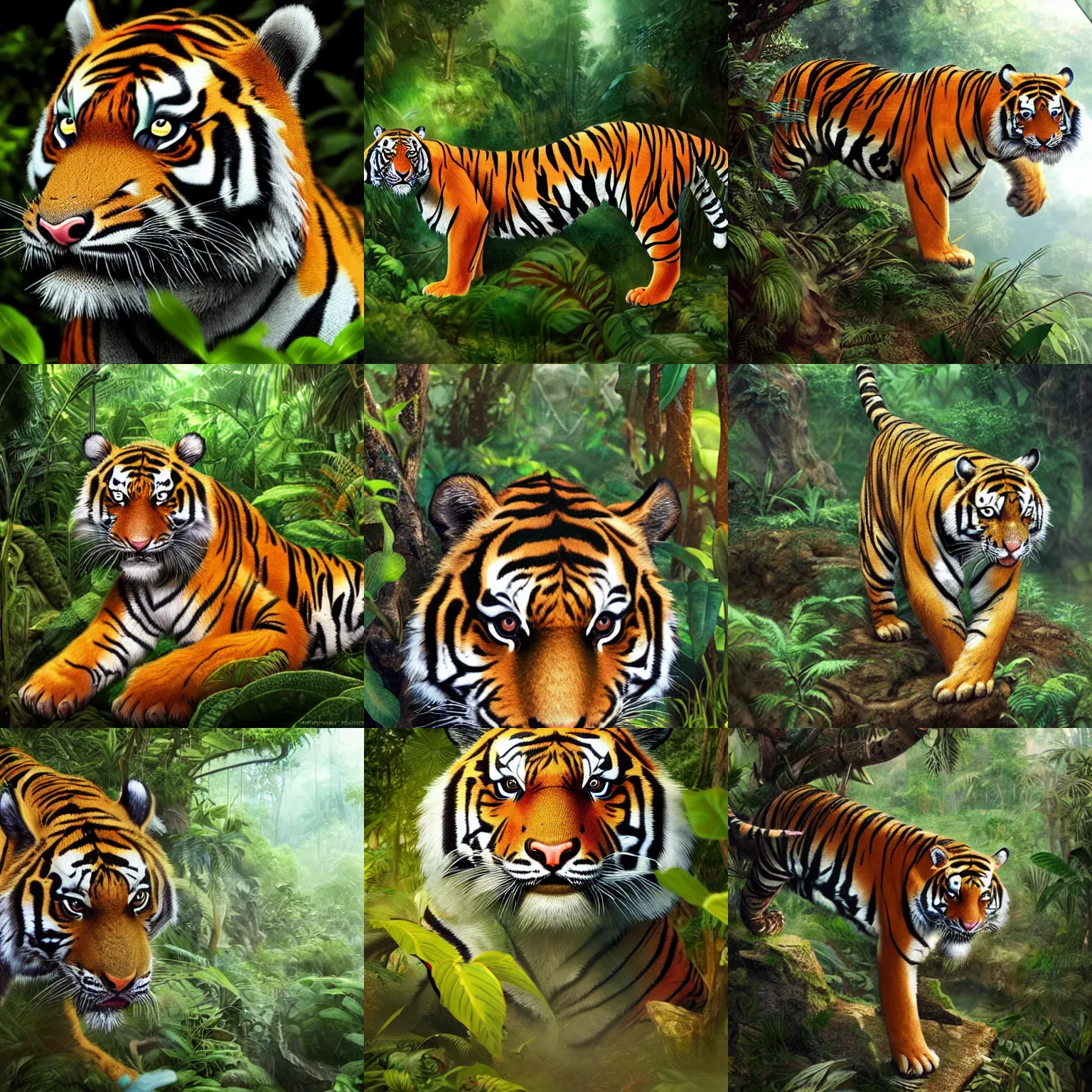 Prompt: a tiger in the jungle, highly detailed, by yoshitaka amano and shinji aramaki and ayami kojim, trending on artstation