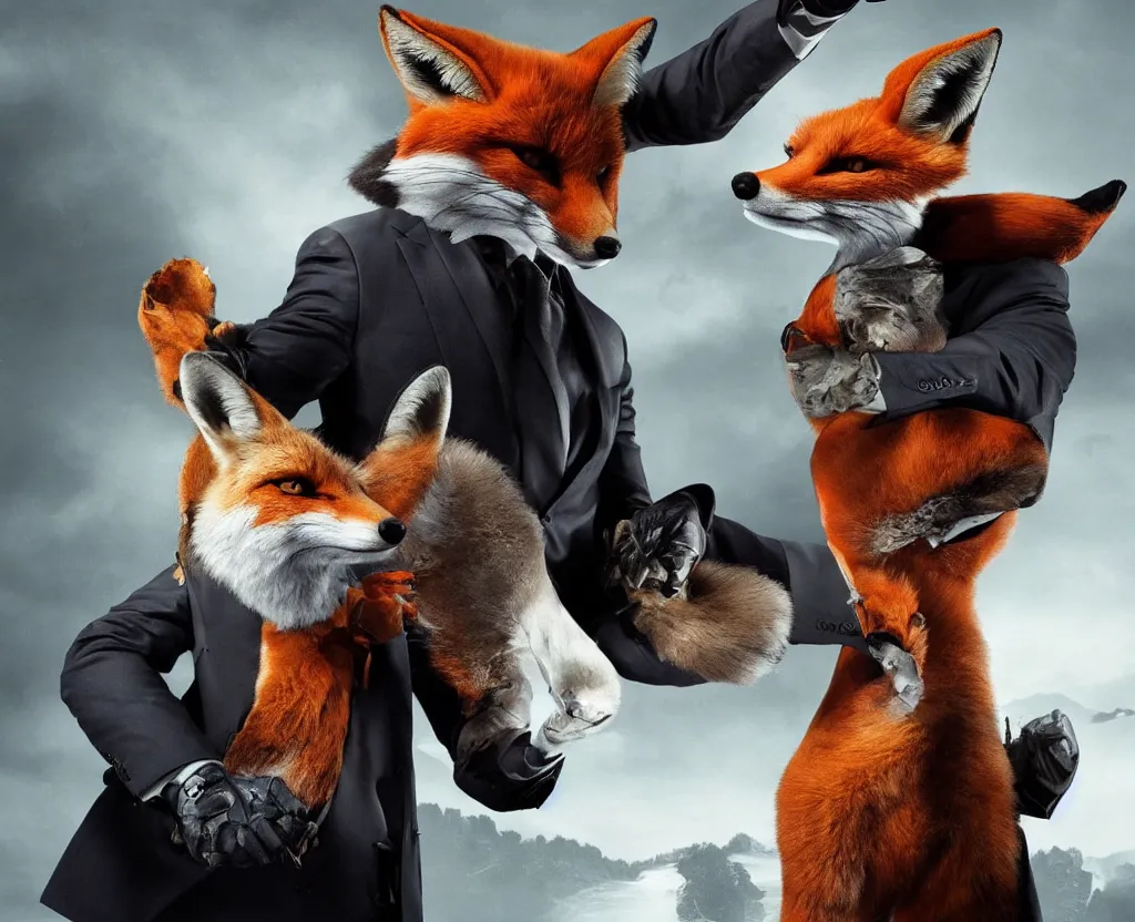Prompt: a photo of happy agent 4 7 with a fox, studio photo, stunning scenery, award winning photo